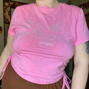 Pink angel ruched crop tee